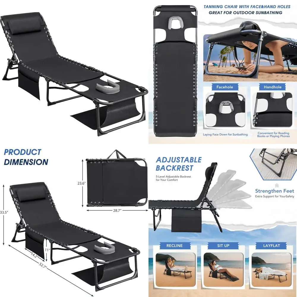 

Регулируемый 5-позиционный шезлонг для загара с отверстиями для лица и рук, складная мебель для загара на открытом воздухе для релаксации