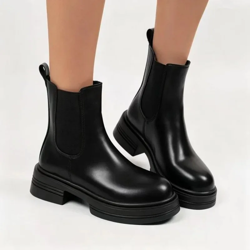 Chelsea Boots Women Fashionable High-heeled Ankle Boots French Thick Heel Black Chimney Boots Women Shoes