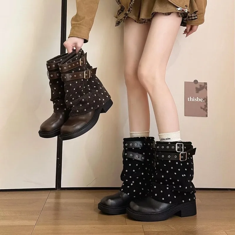 Women's Polka Dots Stacked Mid Calf Boots Double Buckle Strap Chunky Heel Vintage Cowboy Boots Foldable Tube Fashion Moto Boots