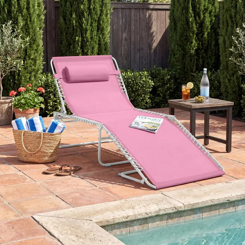 Patio Chaise Lounge Chair, Portable Outdoor olding Recliner or Lawn, w/ 8 Positions, Handles, 300lb acity - Carnation/White