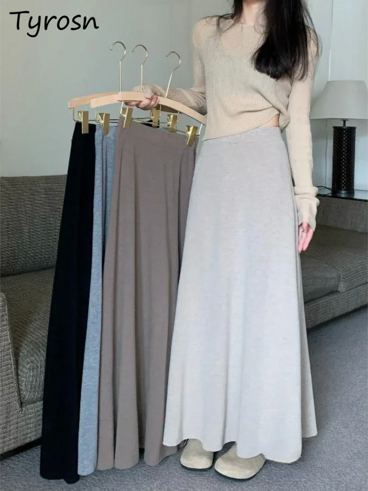 Midi Skirts Women Knit Solid Color Simple Elegant Korean Style Popular High Waist Slim Warm Cozy Autumn Winter New All-match