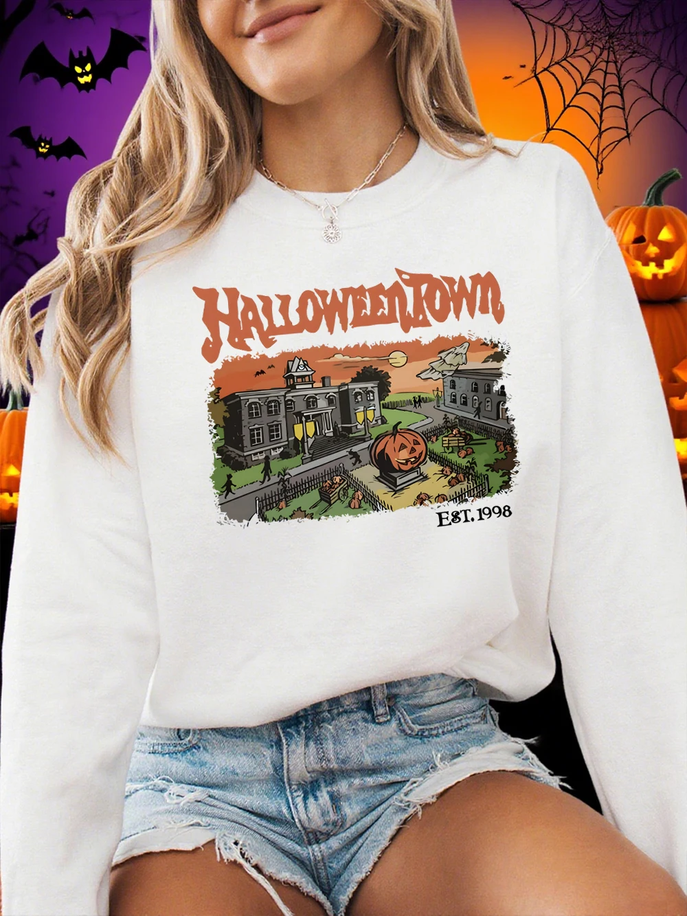 Sudaderas con estampado de la Academia de terror de Halloween para mujer, Sudadera con capucha cálida de lana de invierno, jersey holgado con cuello redondo, ropa informal cómoda