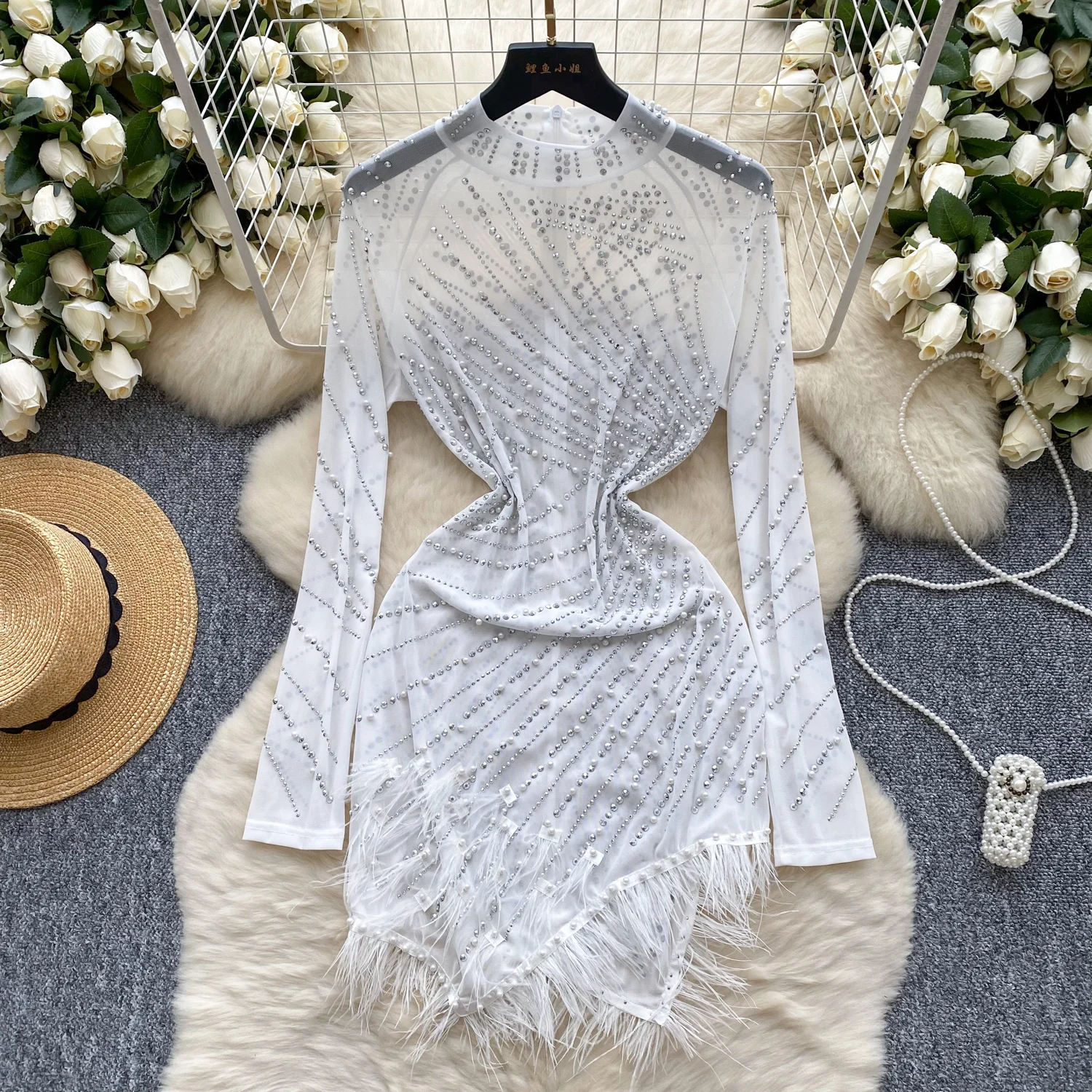 Fashion Long Sleeves Stand Collar Rhinestone Embroidered Beads Slim Mesh Asymmetrical Tassel Evening High Street Autumn Dresses