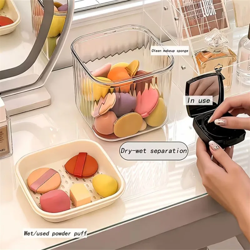 Clear Makeup Sponge Storage Box Stackable Dry-Wet Separate Powder Puff Container Air Cushion Puffs Organizer Box with Drain Tray
