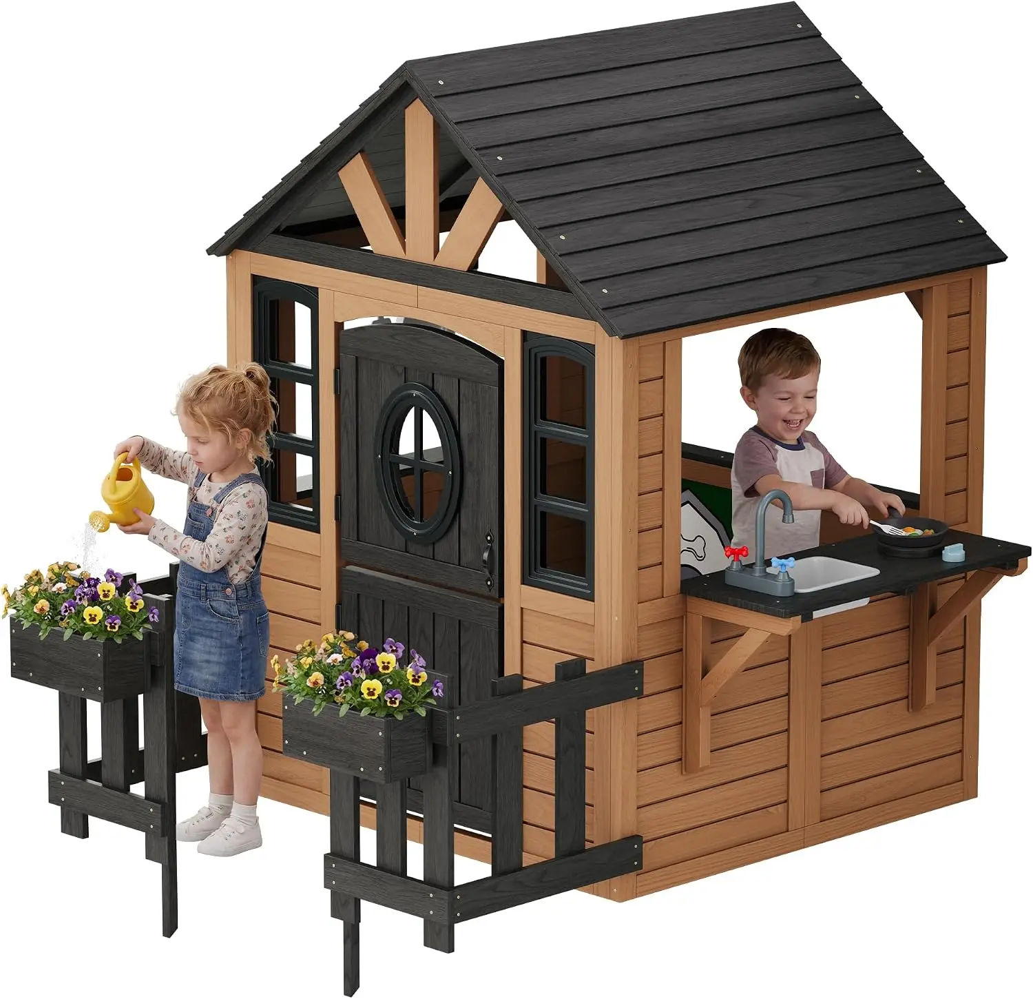 Albott Outdoor Wooden Playhouse for Kids, Backyard Cottage with Fence | Pretend Playhouse with Kitchen Playset, Dutch Door, Pet