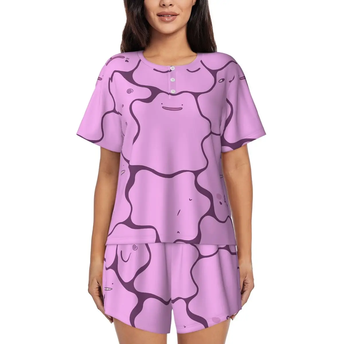 

Ночная рубашка Ditto Pattern (без блеска) с круглым вырезом и короткими рукавами для сна, женский свободный пижамный комплект с короткими штанами