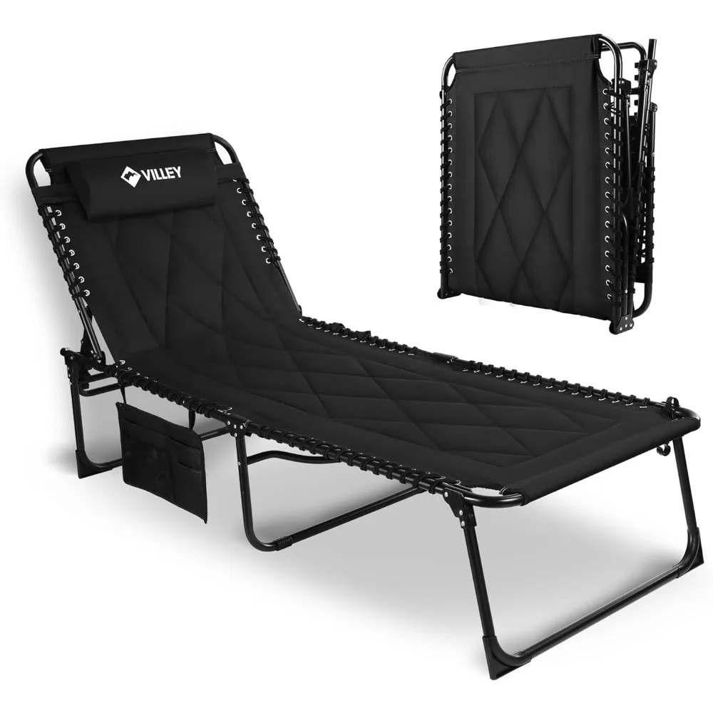 

Oversized Upholstered Chaise Longue with Back Cushions, Foldable Deck Chairs, Fold-out Bed for Outdoor, Indoor, Beach, Black