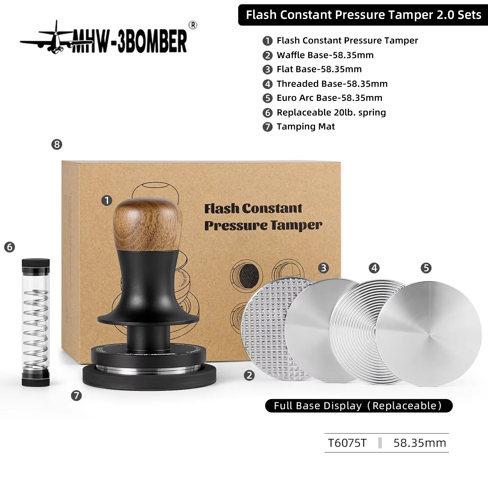 

MHW-3BOMBER 58mm Coffee Tamper 20lb/30lb Espresso Tamper with Replacement Flat Base & Spring Professional Barista Accessories