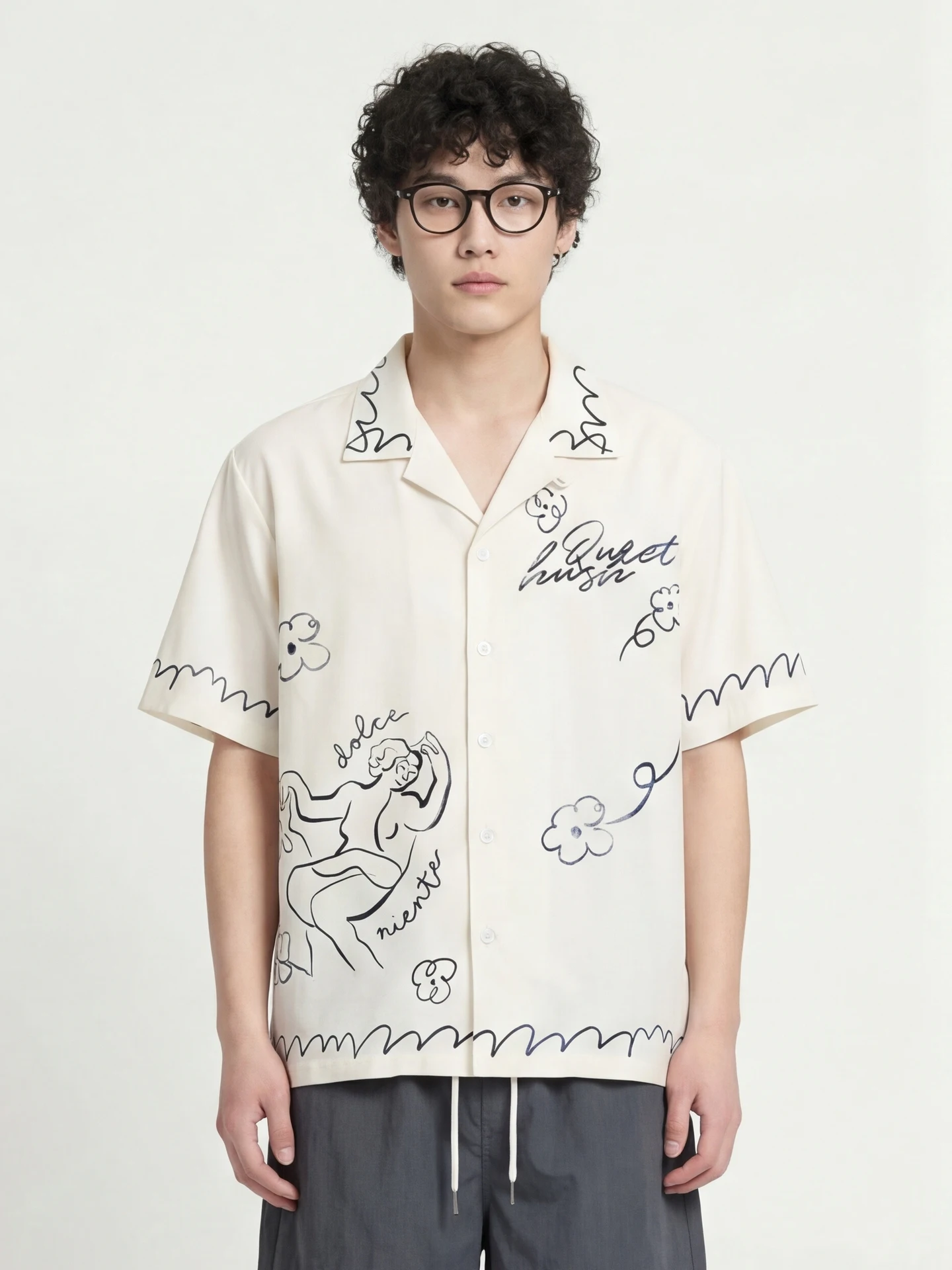 

from Artistic Hand-Dn Cuban Collar fiti Loose ort Sve ex irt Trendy Breathable Polyester Casual Sle