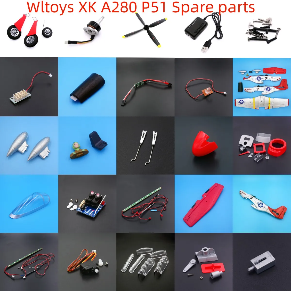 Wltoys XK A280 P51 Bagian Pesawat RC Pelat Penerima Set Busa Tubuh ESC Pengisi Daya Roda Gigi Pendaratan Servo Baling-Baling Motor