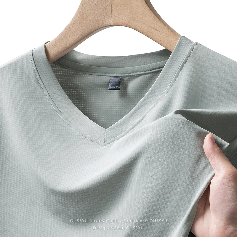 New High Quality Men Summer V Neck T Shirt Short Sleeve Breathable Touch Solid Color Dad Style Business Casual Plus Size M-8XL