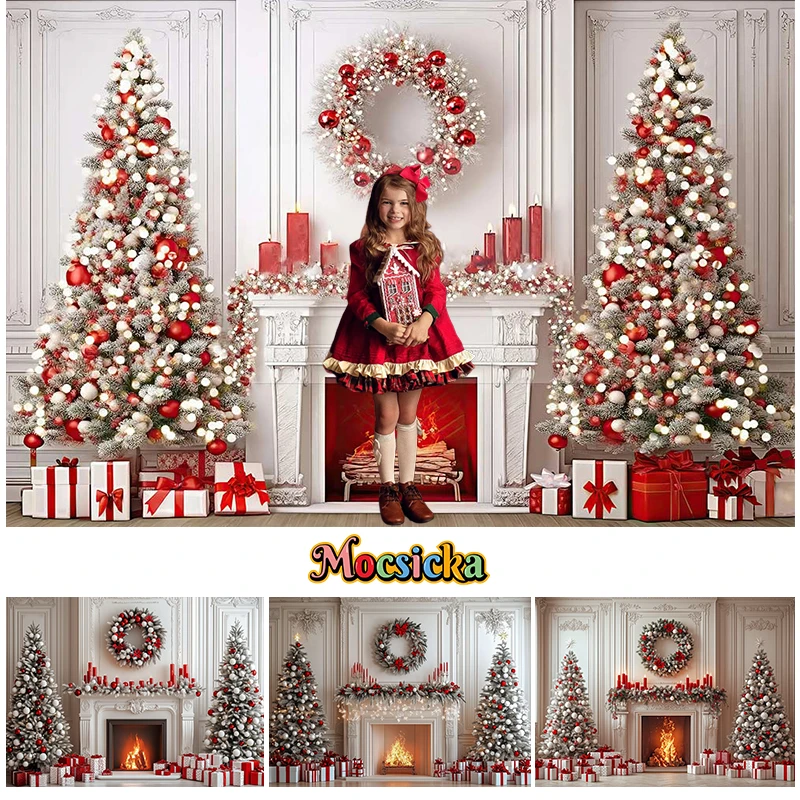 

Mocsicka Red Christmas Backdrop For Holiday Party Child Adult Family Photo Background Fireplace Garland Xmas Tree Decor Props