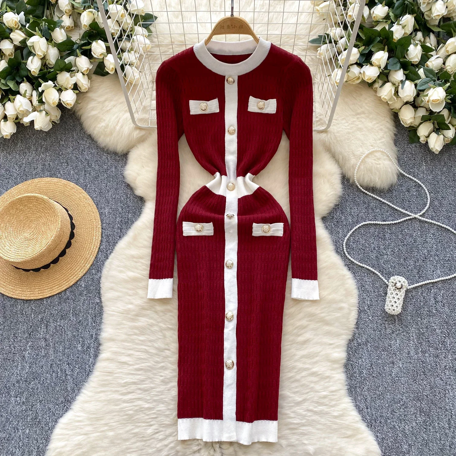 

French Chic Elastic Slim Elegant Wrap Bodycon Dress Sexy Long Sleeve Casual O Neck Women Fashion Knit Vestido Pencil Dress