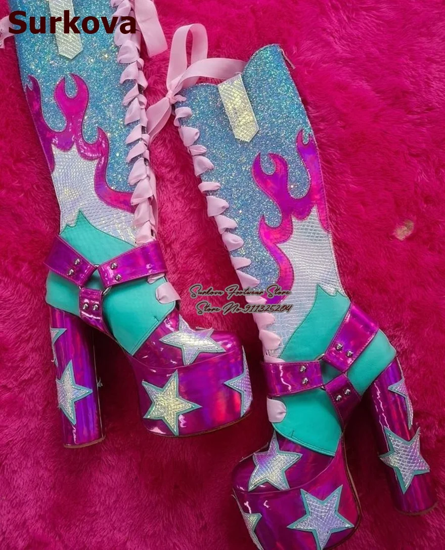 Glitter Flame Stars Knee High Platform Boots Women Holographic Patchwork Lace Up Chunky Block Heel Rave Festival Cosplay Boots