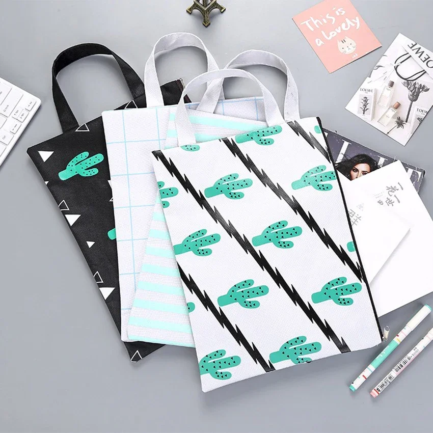 Cactus File Folder Document Bag A4 Paper Holder Grid Canvas Zipper Handbag Student Cute Stationery School Office Supplies