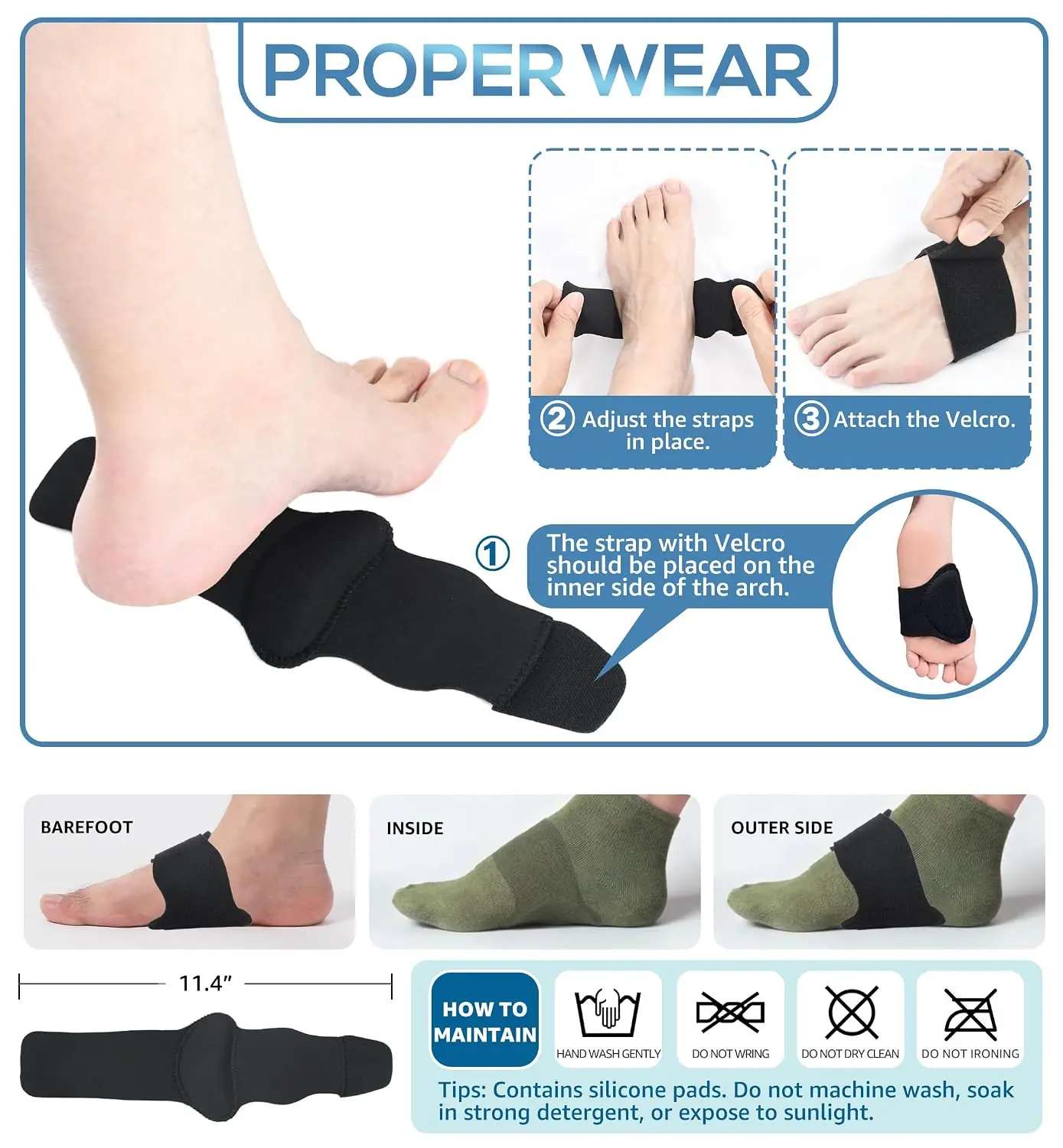 2 Pcs Foot Arch Support, Adjustable Plantar Fasciitis Arch Support Gel Pads | Arch Support Brace for Flat Feet Fallen Arch