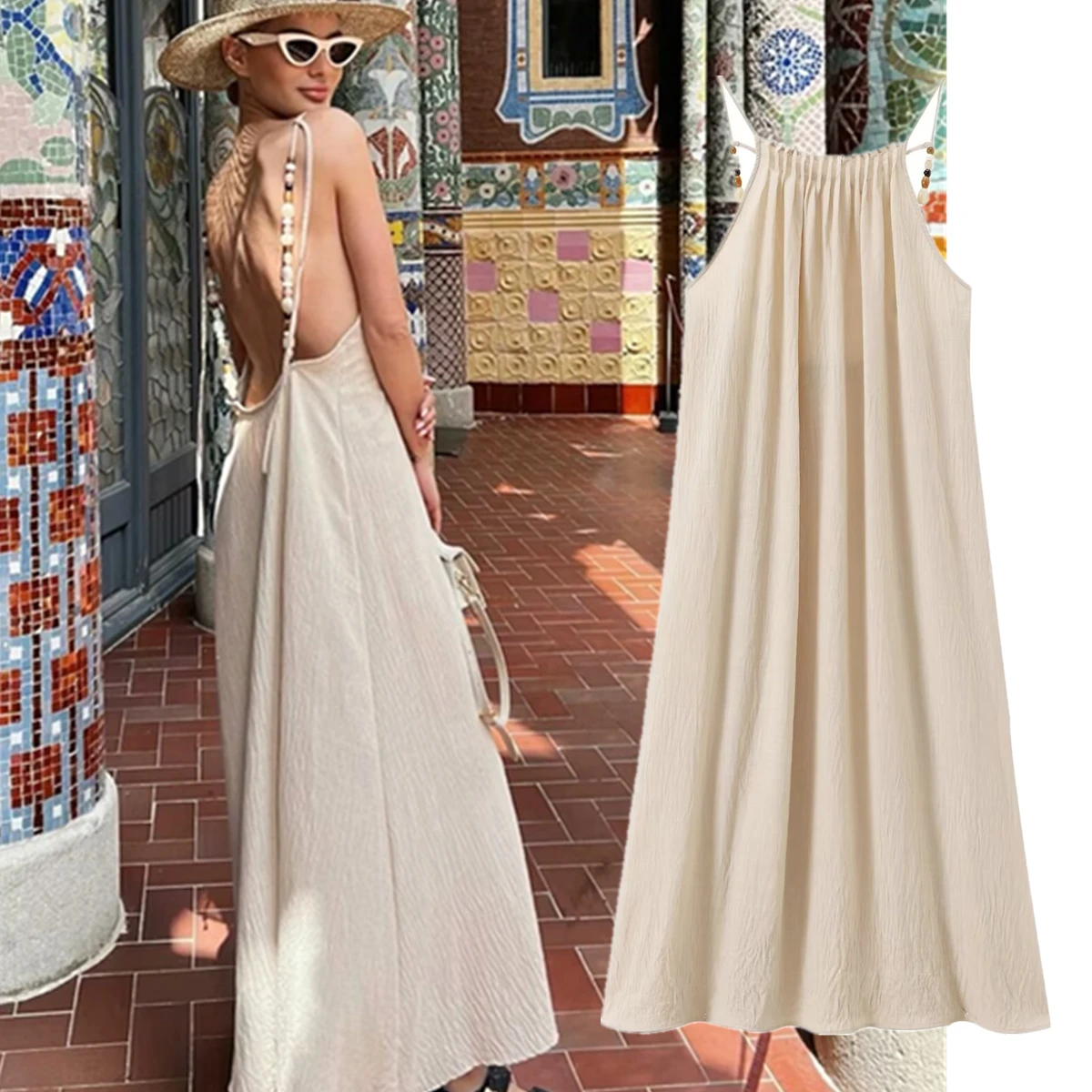 Withered Summer Dress Women Holiday Dress Women French Lazy Backless Suspender Dress Elegant Khaki Pleated Halter Midi Loose