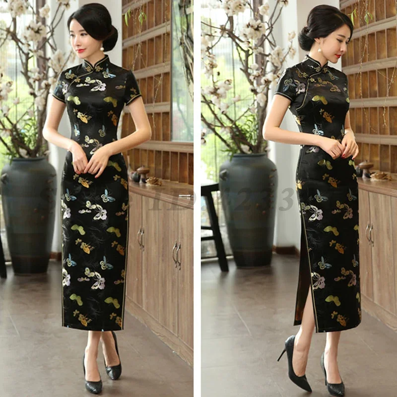 

Женское атласное платье Cheongsam большого размера 3XL, винтажное традиционное китайское платье с цветочным принтом, сексуальное длинное тонкое элегантное платье Ципао с разрезом