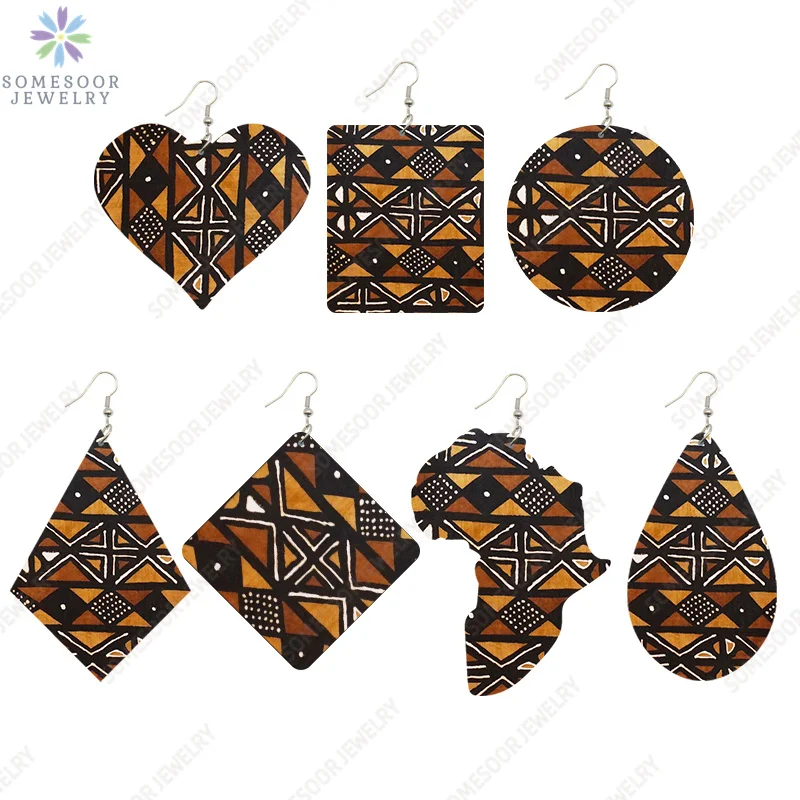 

SOMESOOR 7 Shapes African Fabric Print Wooden Drop Earrings Wholesale Fashioin Ethnic Geometric Dangle Jewelry For Women Gifts