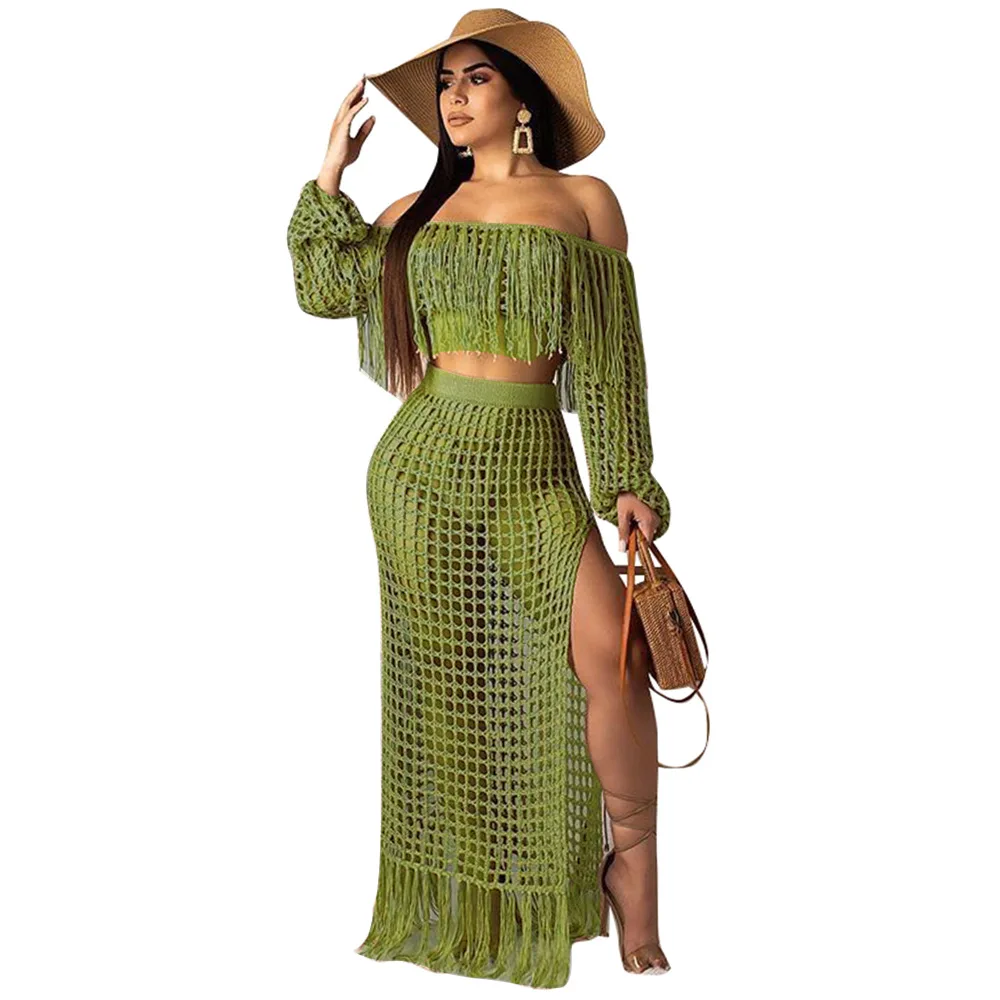 APIPEE Tassel Summer Beach Dress Women Sexy Off Shoulder Maxi Dress Long Sleeve Boho Knit Crochet Hollow Out Party Long Dress