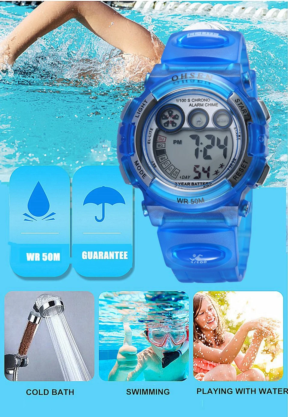 OHSEN-relojes deportivos para niños y niñas, pulsera Digital de dibujos animados morados, resistente al agua hasta 50M, cronómetro electrónico LED