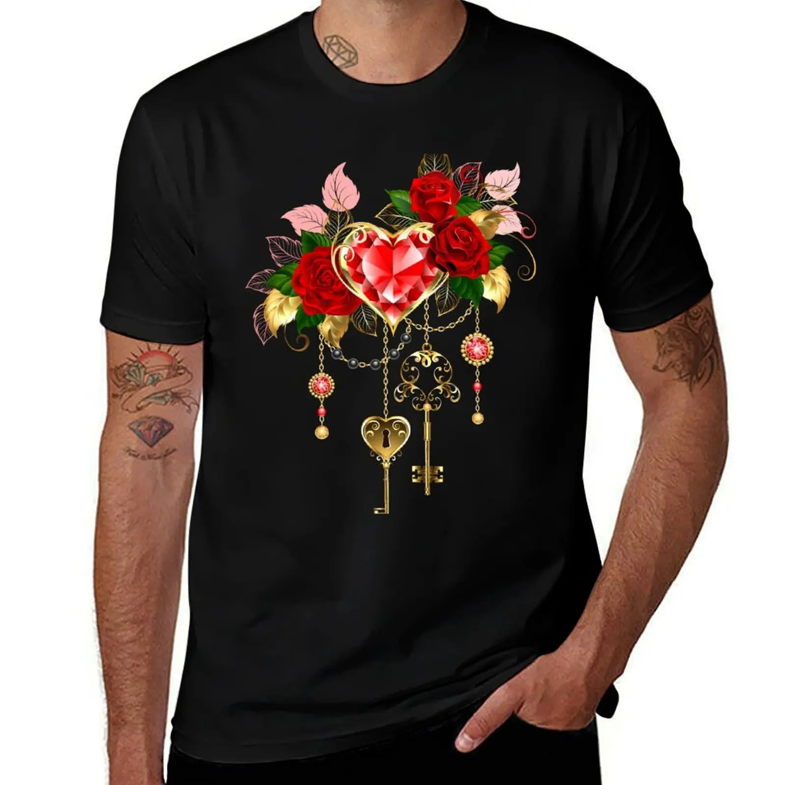 Ruby Heart with Roses T-Shirt Work Wear Simple Tee Shirt T-Shirt