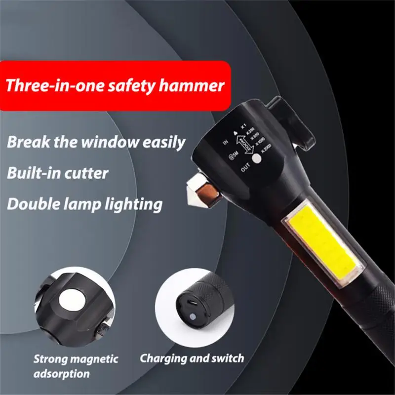 

Flashlight Side Light Glass Hammer Portable Camping Supplies Usb Rechargeable Zoom Aluminum Alloy Camping Equipment Magnet