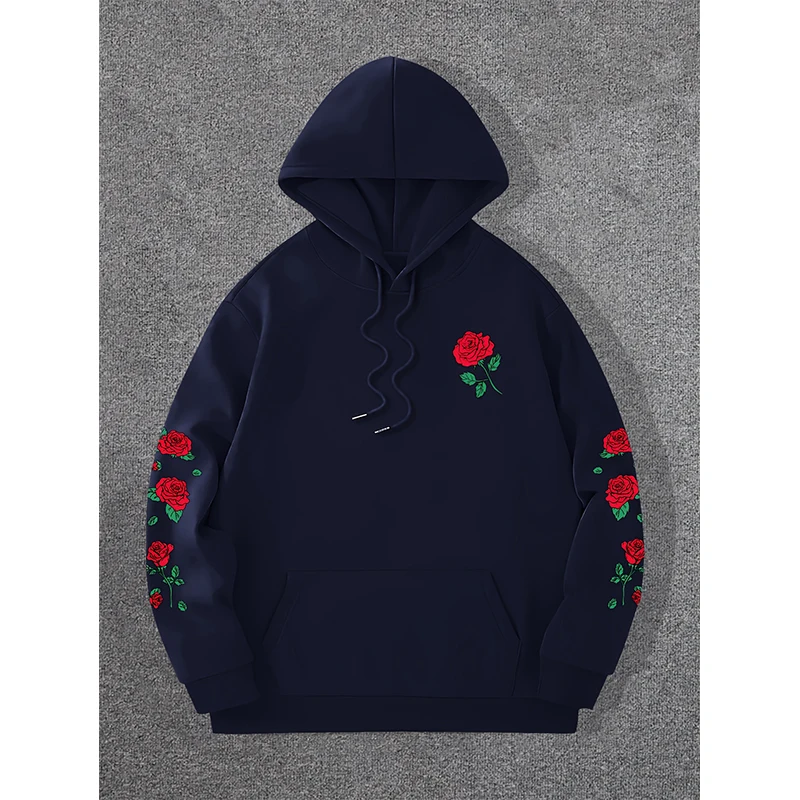 Red Rose Print Hoodie Men Woman Round Neck Long Sleeve Hoodies Hooded Sweatshirts Harajuku Pullover Tracksuit Unisex Clothing