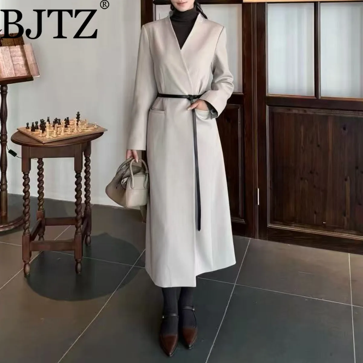 BJTZ V-neck Office Lady Temperament Mid-length Jacket For Woman 2025 Spring Autumn New Long Sleeve Solid Color Female Overcoat