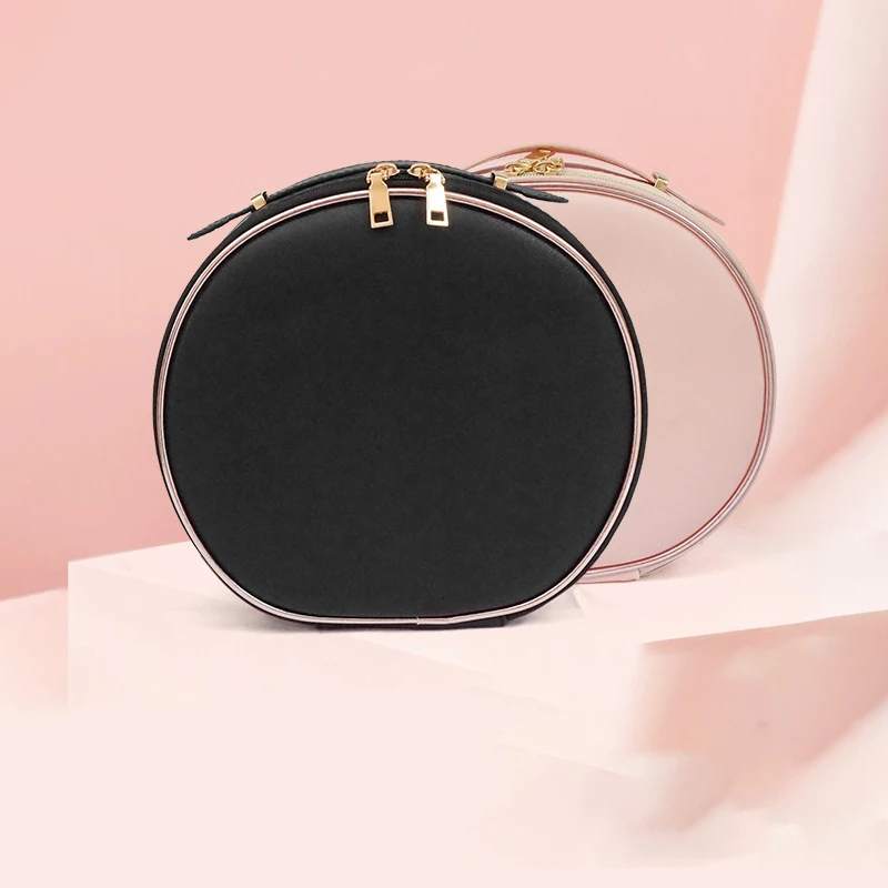 Round Leather Makeup Bag with Removable Dividers Large Capacity Portable Waterproof Cosmetic Bags Women Travel Toiletry Pouch