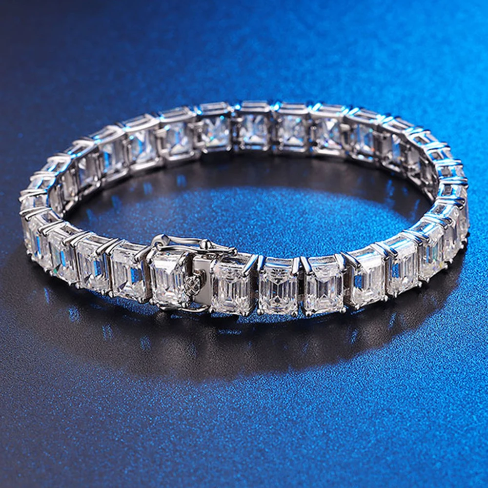 D Color 5*7mm 1CT Emerald Cut Full Moissanite Tennis Bracelets for Women Men Original S925 Silver Plated 18K White Gold Jewelry