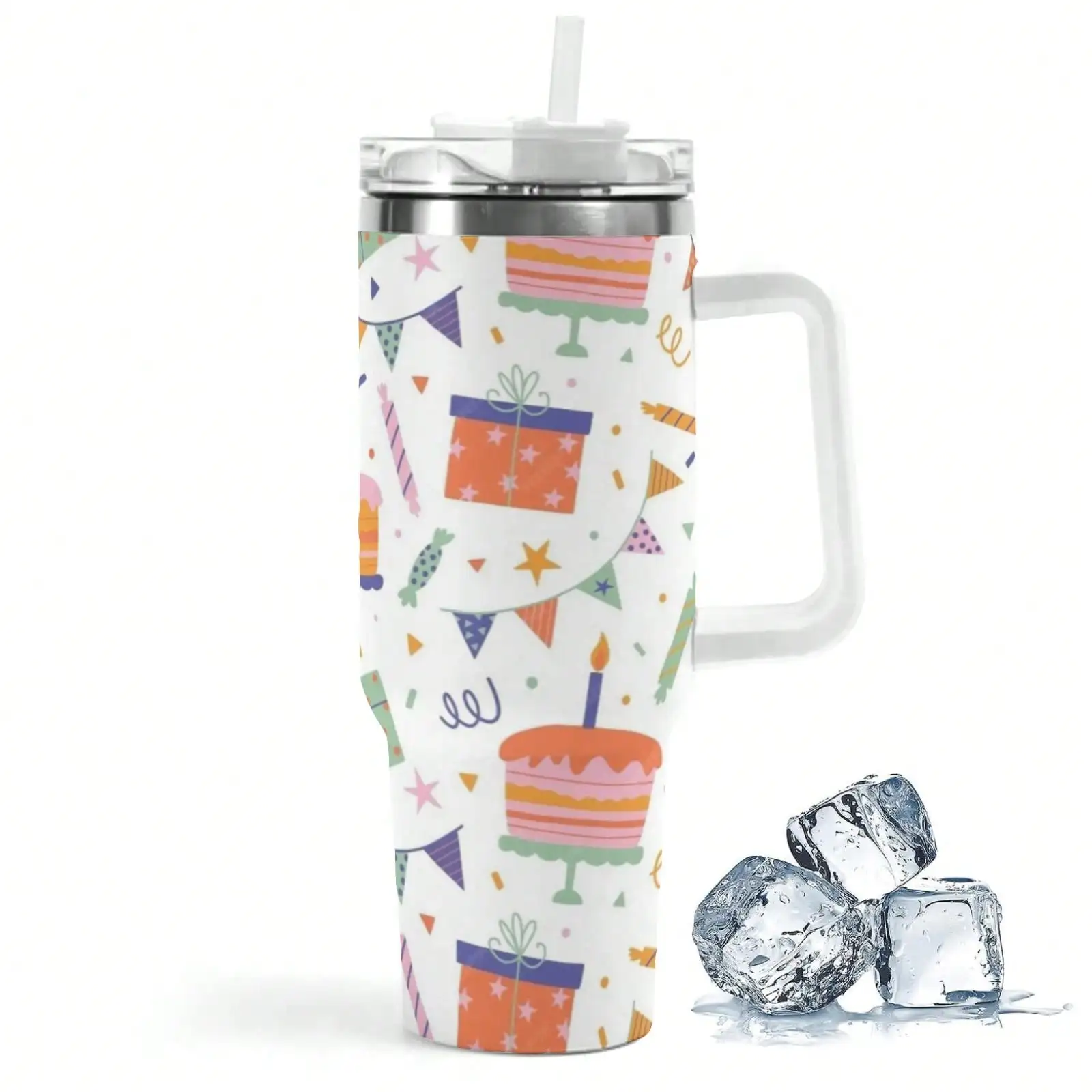 40oz Birthday Cake Gift Box Party Flag Candy Star Confetti Repeat Print Stainless Steel Tumbler With Handle Straw Lid 24 Hours Cold Insulated Travel Water Cup