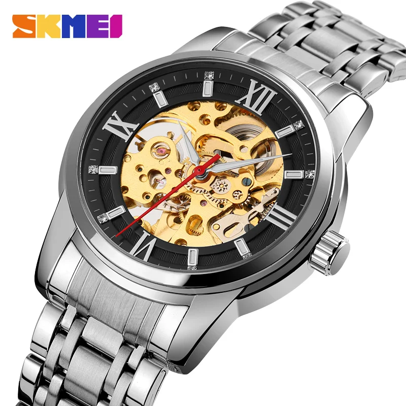 Skmei Reloj Hombre Luxury Automatic Watch Men Hollow Dial Mechanical Watches For Mens Fashion Stainless Steel Band Clock