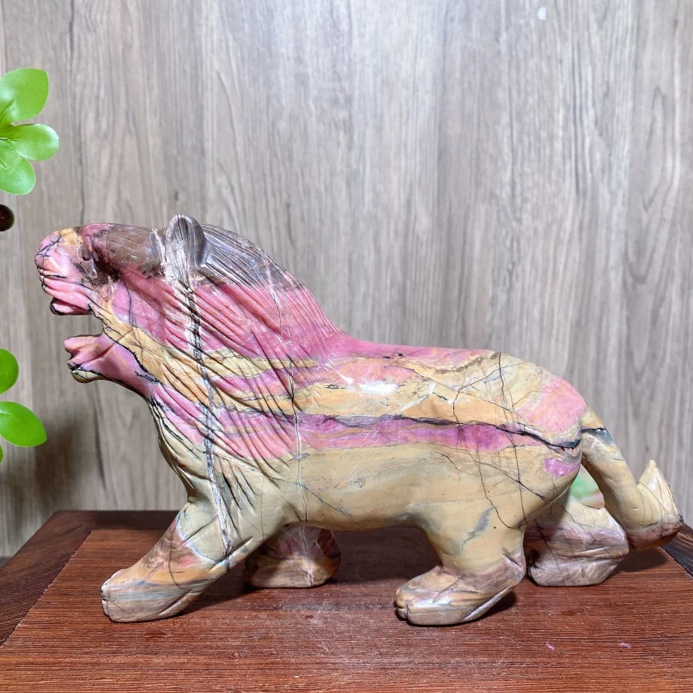 Hand Carved Natural Crystal Rhodonite Lion Carving Decor Gemstone Animal Polished Divination Healing Gift Reiki Feng Shui Gifts