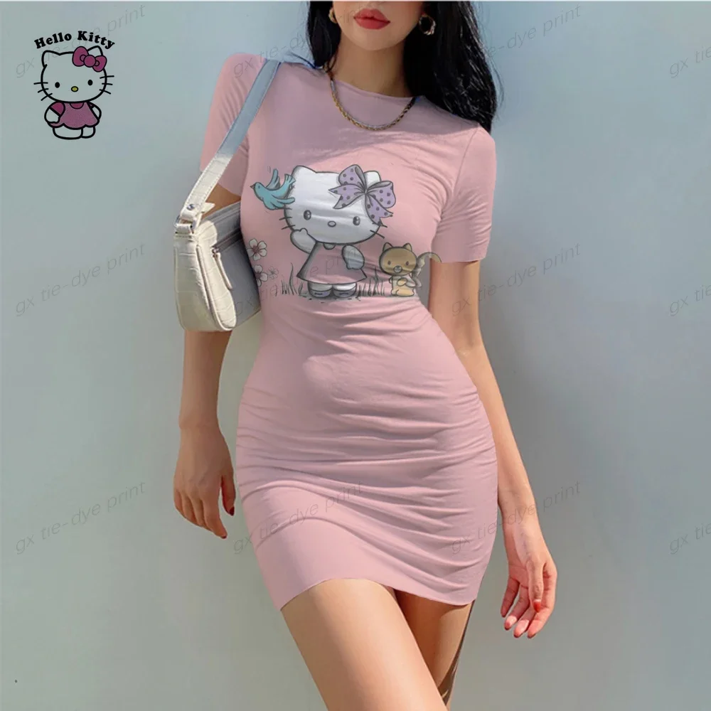 Hello Kitty Sexy Strakke Geplooide Taille Mini Rok Pittige Meisje Slim Fit Jurk Bodycon Dames Tank Top Cortos Party