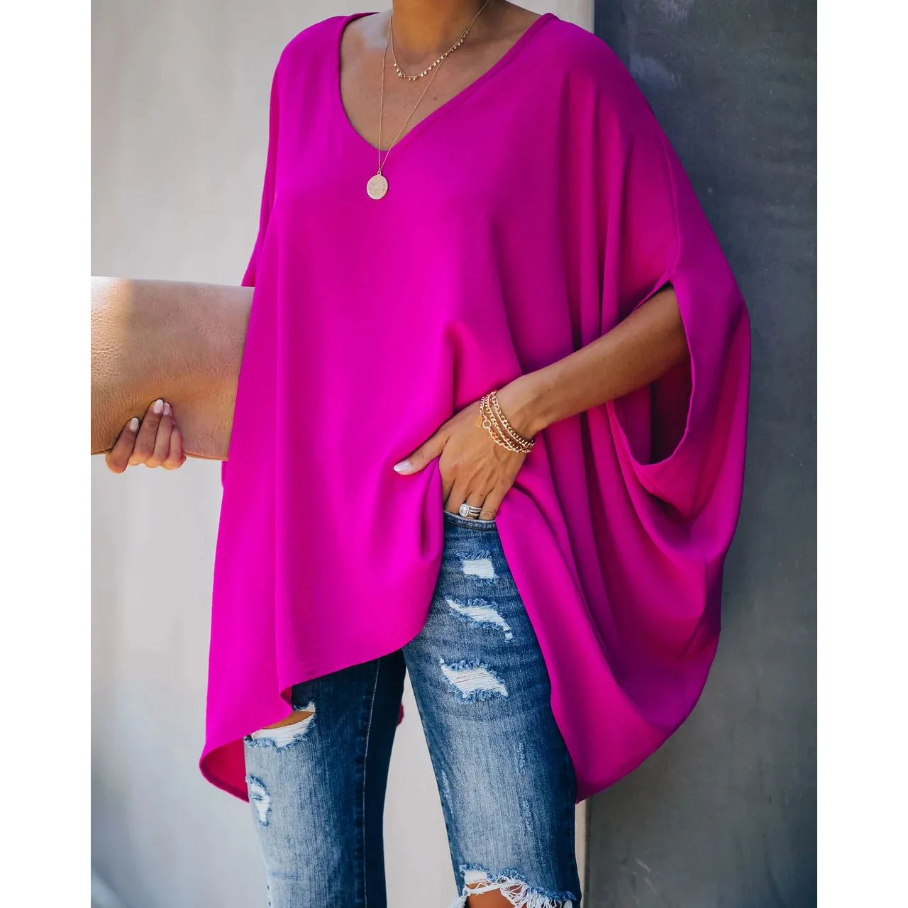 2021 New Home T-shirt con maniche a pipistrello INS Top multicolore con scollo a V stile vacanza allentato