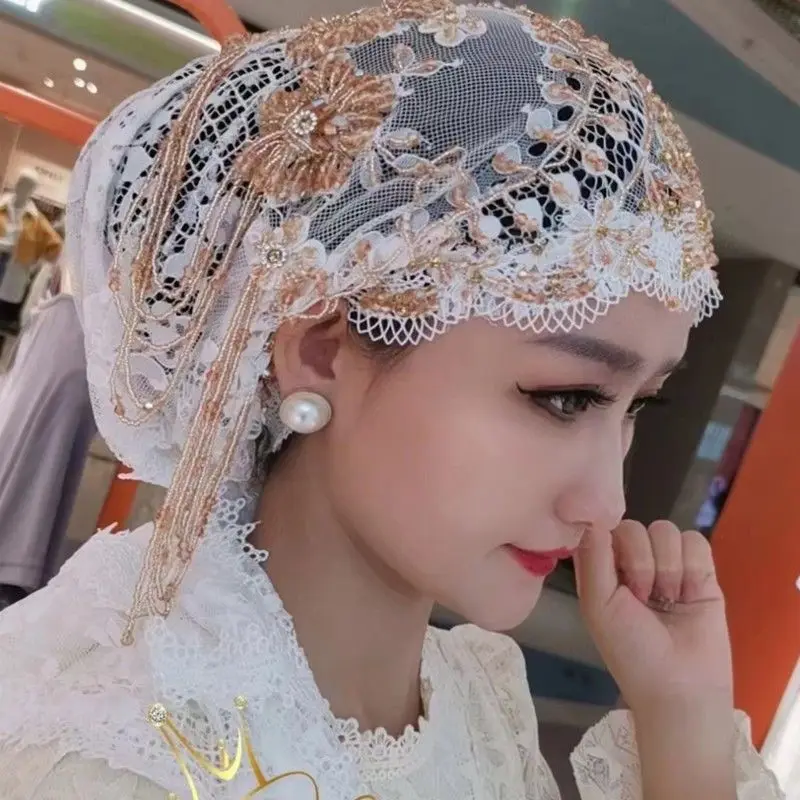 Luxurious Diamonds Beading Muslim Turban Hijab Summer Breathable Mesh Headscarf Bonnets Women's Party Queen Head Wraps hijabs