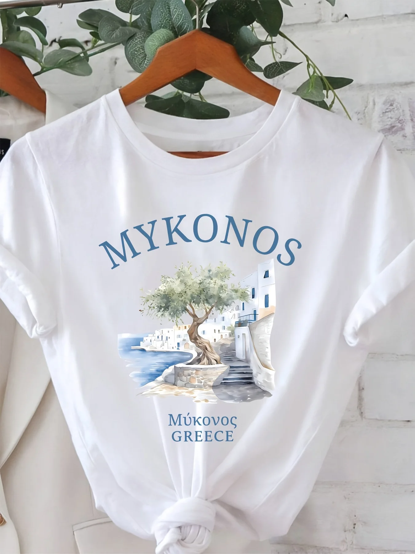 

Женский греческий остров Микано, белый, голубой, Эгейский морской дизайн с домиками, греческий ключевой узор, Harajuku, с коротким рукавом, повседневный
