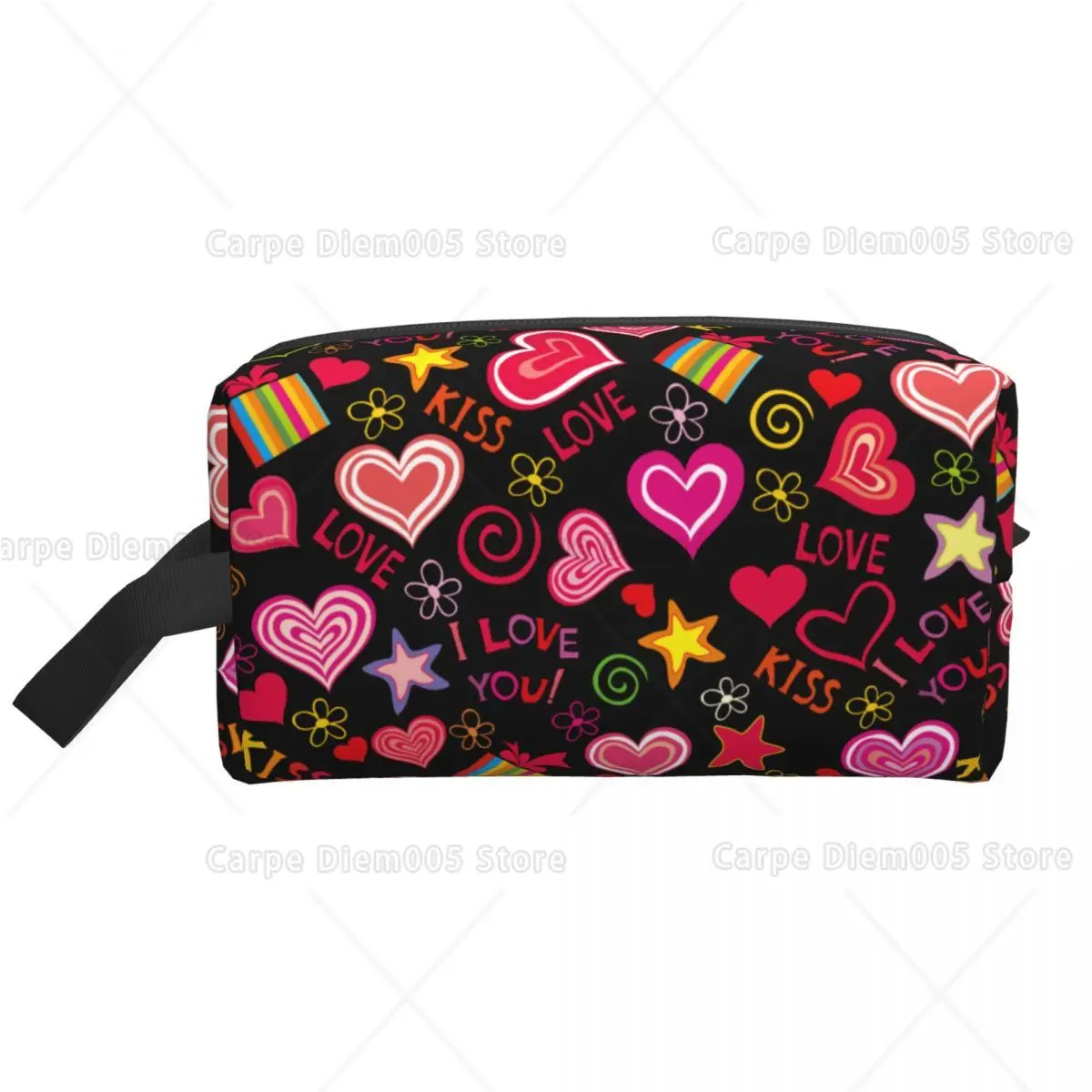 

Hearts Stars Love Kiss Valentine Day Makeup Bag Portable Brush Heart Pattern Organizer Case for Women Girls