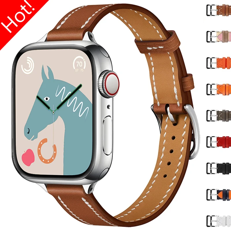 Slim Leather Strap for Apple Watch Band Ultra 2 49mm 45mm 44mm 42mm 40mm 41mm Leather Bracelet for IWatch Series 9 8 7 6 SE 5 4