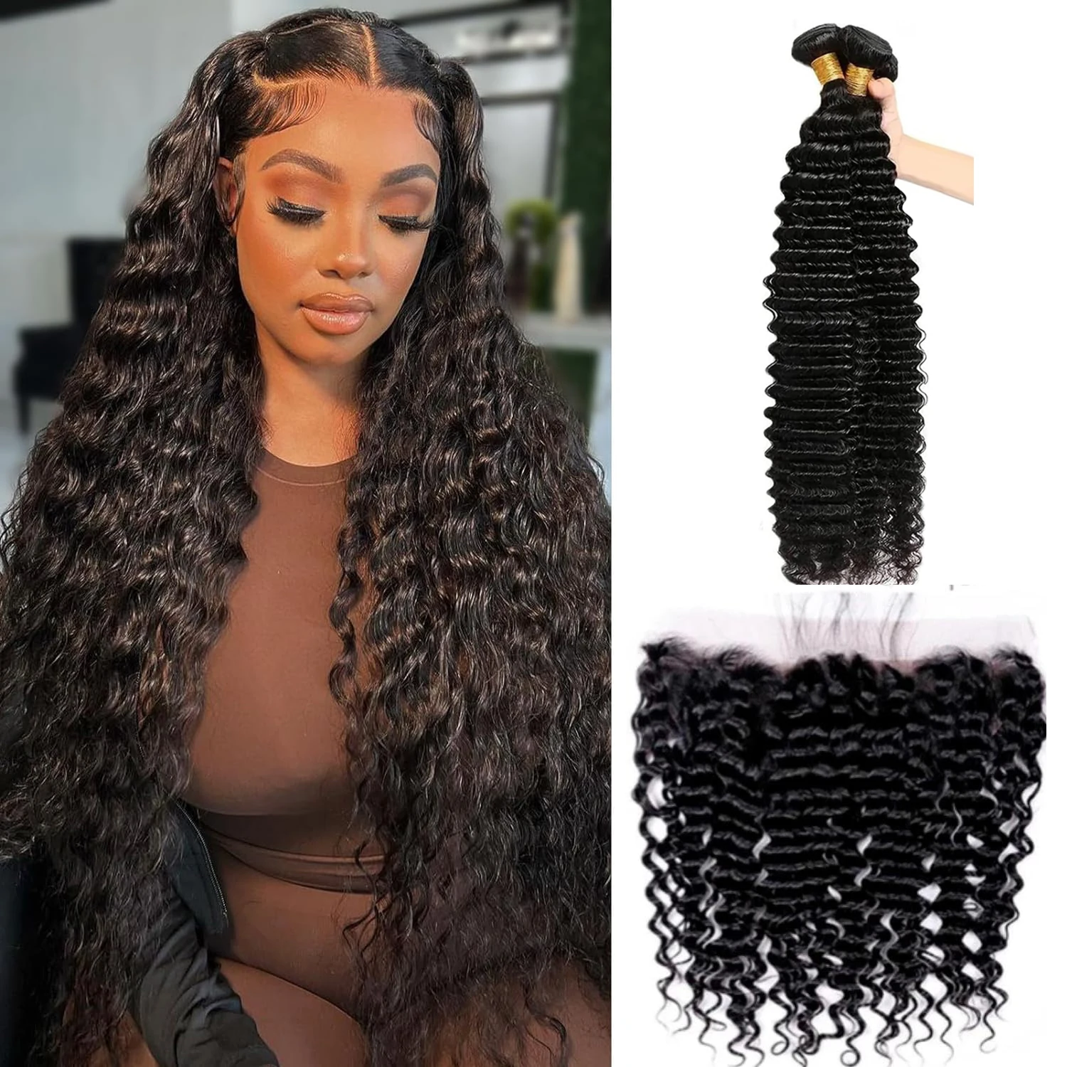 Brazilian Hair Deep Wave 3 Bundles with Frontal 13x4 HD Lace Frontal Closur 100% Virgin Human Hair Bundle Brazilian Hair Natural