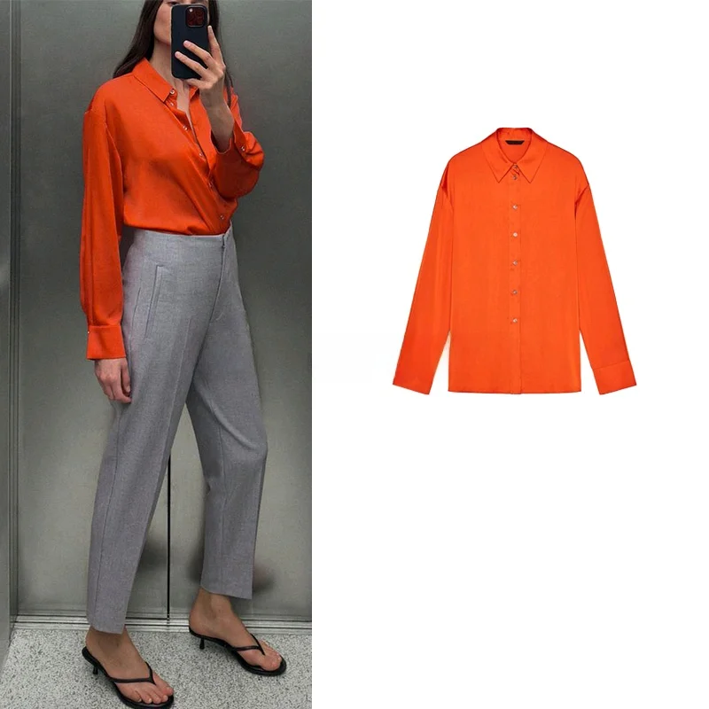 Spring New Women's Commuter Sle Loose Silk Satin Long Sve  Collar irt Drapey Comfortable Polyester Fiber 00%