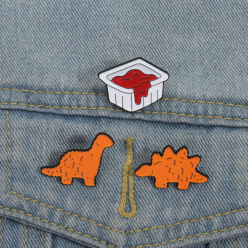 Set de 3 Broches Esmaltados de Nuggets de Dinosaurio con Salsa de Tomate, Brontosaurio, Estegosaurio, Broches de Pollo, Divertidos Broches de Comida, Regalo