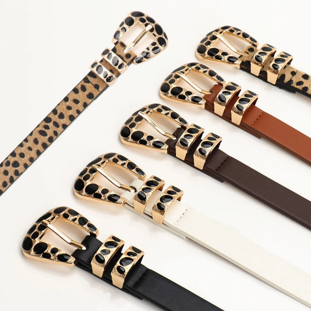 Wild Leopard Print PU Waist Belt with Unique Alloy Spot Buckle for Women Girls Jeans Skirt Daily Streetwear Fashion Accessory