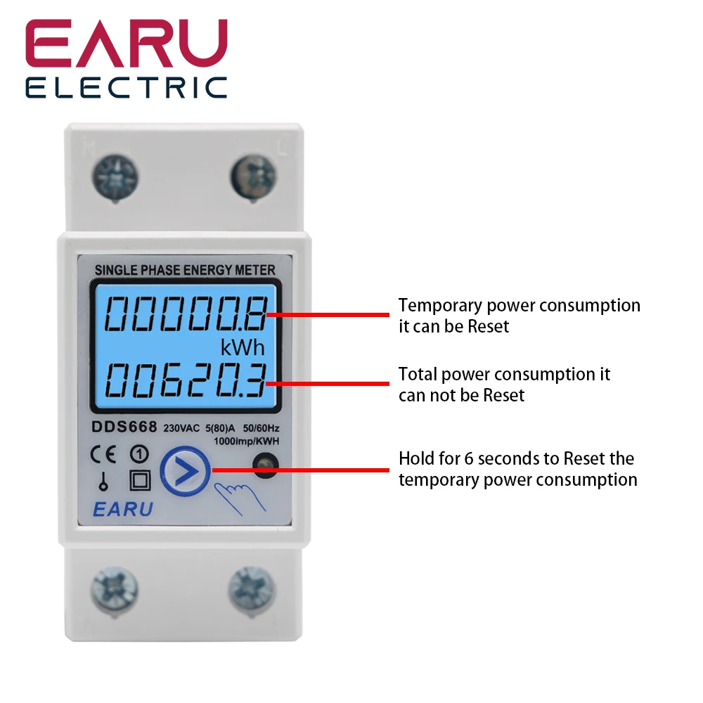 Din Rail Digital Single Phase Reset Zero Energy Meter kWh Voltage Current Power Consumption Meter Wattmeter Electricity 220V AC