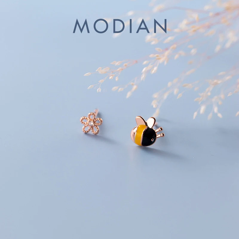 Modian oryginalna 925 Sterling Silver Insect Bee emalia kolczyki sztyfty z kwiatem dla kobiet małe słodkie biżuteria prezenty Pendientes