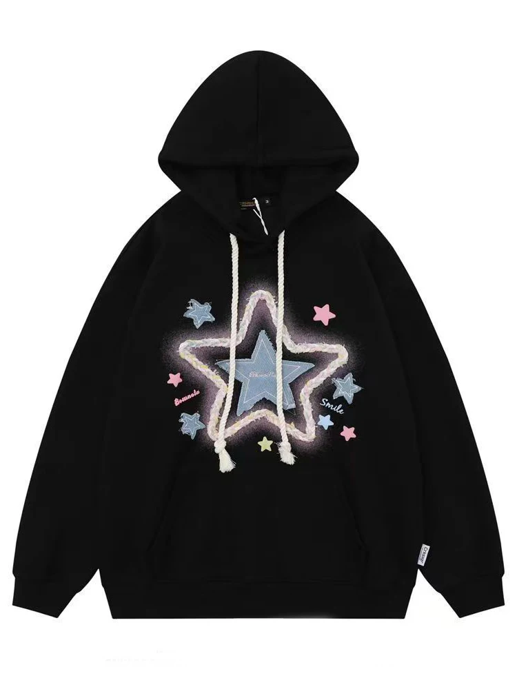 Jmprs Vintage Star Print Hoodies Women Streetwear Loose Long Sleeve Sweatshirts American Retro Bf Casual Harajuku Pullover Tops