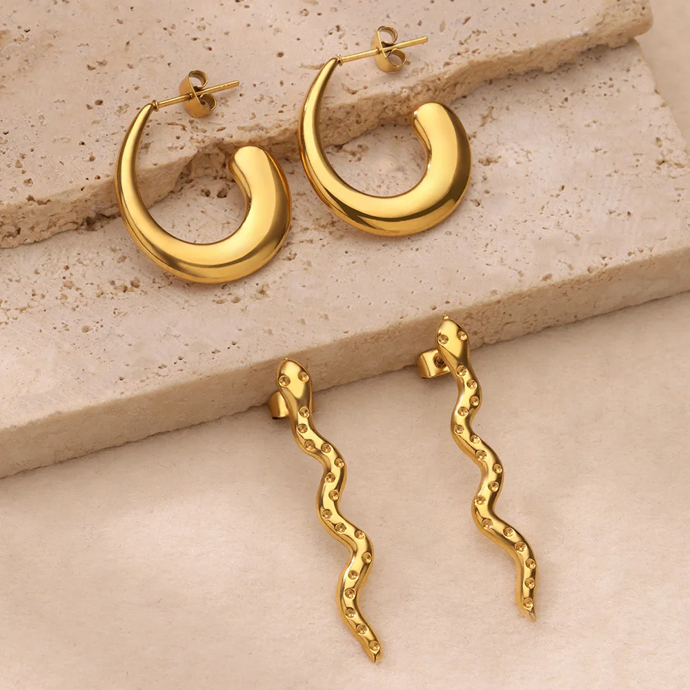 Snake Bend Vintage Stud Earrings For Women Girls Gold   Color Stainless Steel Earrings Female Party Punk Cool Charm Jewelry 2024