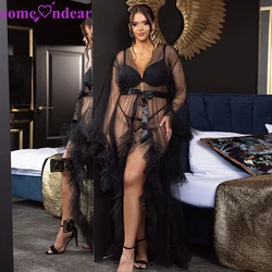 Comeondear Long Sexy Bride Robe cinture Set pigiama trasparente Lingerie Mesh Plus Size camicia da notte Fashion Wedding camicia da notte Panty