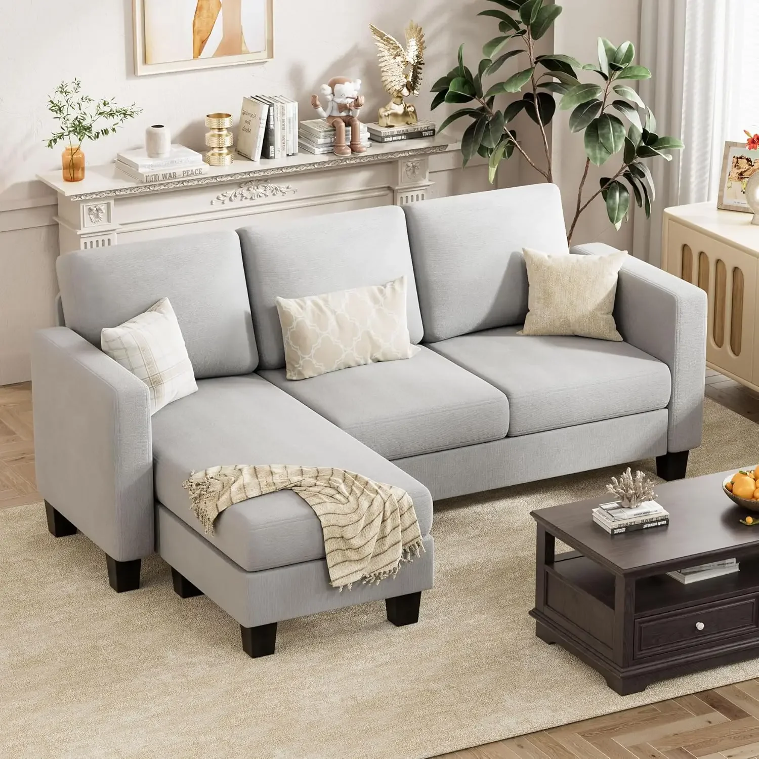 Convertible Sectional Sofa Couch, 3 Seat L-Shaped Sofa with Linen Fabric, Movable Ottoman Small Couch for Small Apartments, Livi